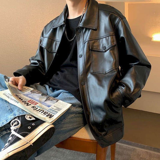 New 2023 Black Men's Korean Style Leather jacket