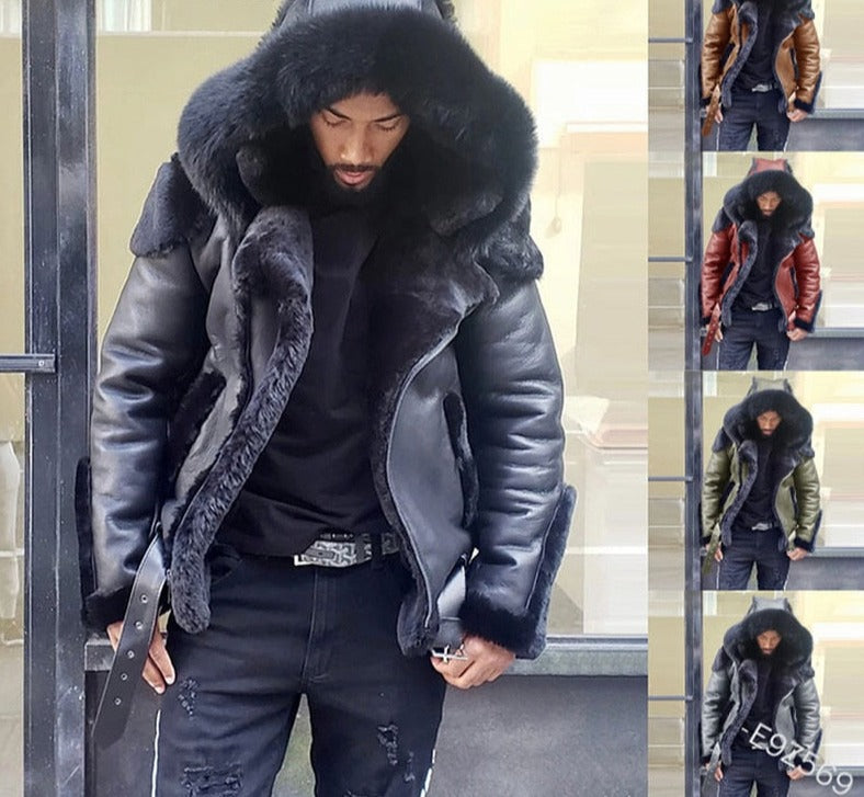 🔥🔥SALE!!!🔥🔥MEN'S Hooded Thick Warm Faux leather Jacket w/Fur Collar