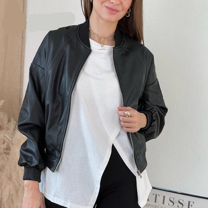 New Women's 2022 Spring Leather Jacket Casual w/Pocket Zipper