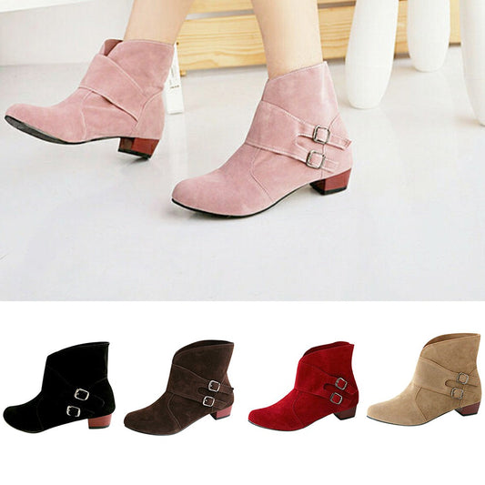 Women's BuckleStrap Round Toe Shoes Square Heels Martin Boots Ankle Boots