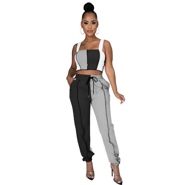 Women Spring Two Piece Set Casual Stripe Color Patchwork Strapless Tank Tops Legging Sweatpants Suit Outfit Activewear Tracking
