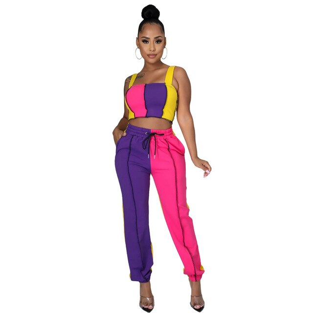 Women Spring Two Piece Set Casual Stripe Color Patchwork Strapless Tank Tops Legging Sweatpants Suit Outfit Activewear Tracking