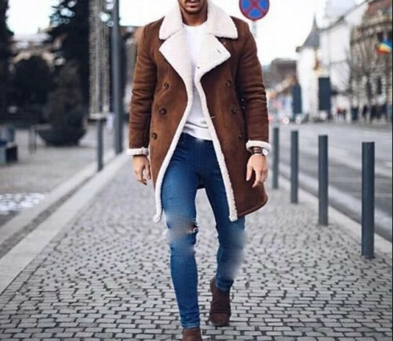 Fashion Men's Fur Fleece Trench Coat Overcoat Lapel Winter Warm Fluffy Casual Jacket Tops Outerwear Streetwear