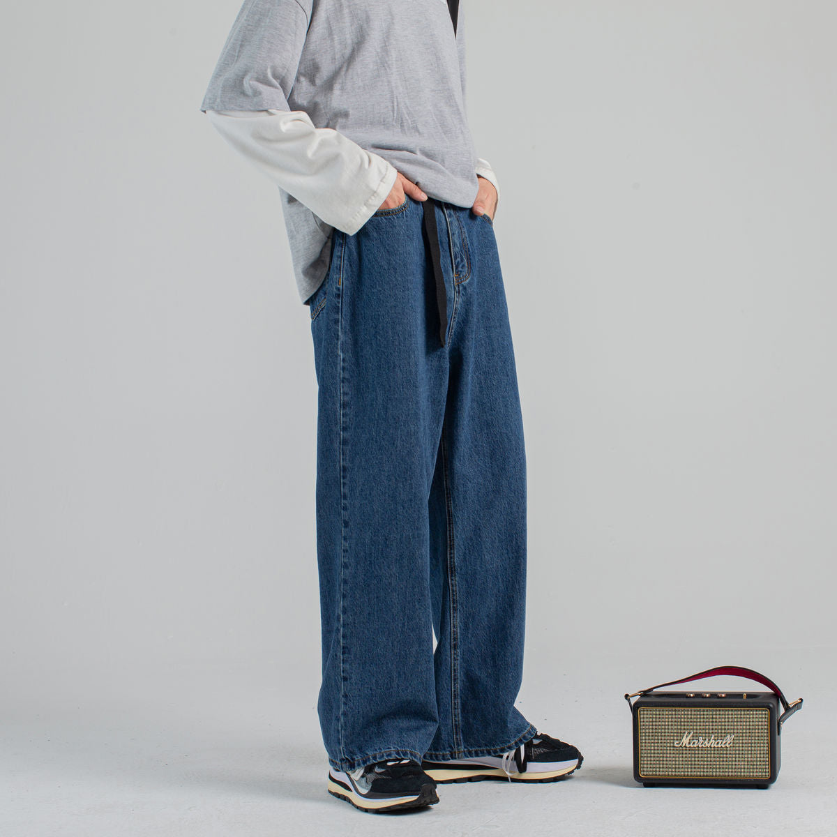Men's Fashion Wide Leg Pants Baggy Homme Biker Denim Trousers Classic Cargo Pocket Jeans Blue Daddy Casual Pants S-2XL