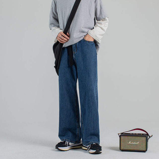 Men's Fashion Wide Leg Pants Baggy Homme Biker Denim Trousers Classic Cargo Pocket Jeans Blue Daddy Casual Pants S-2XL