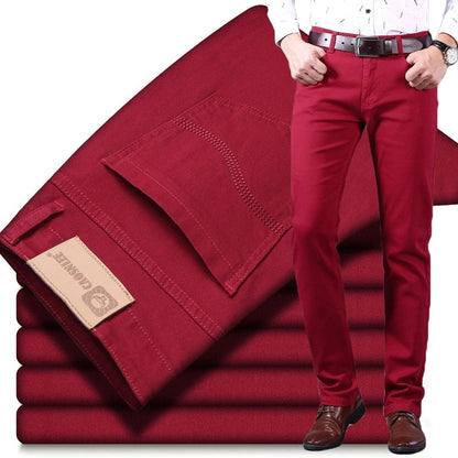 Classic Style Men's Wine Red Jeans Casual Straight Denim Stretch Pants