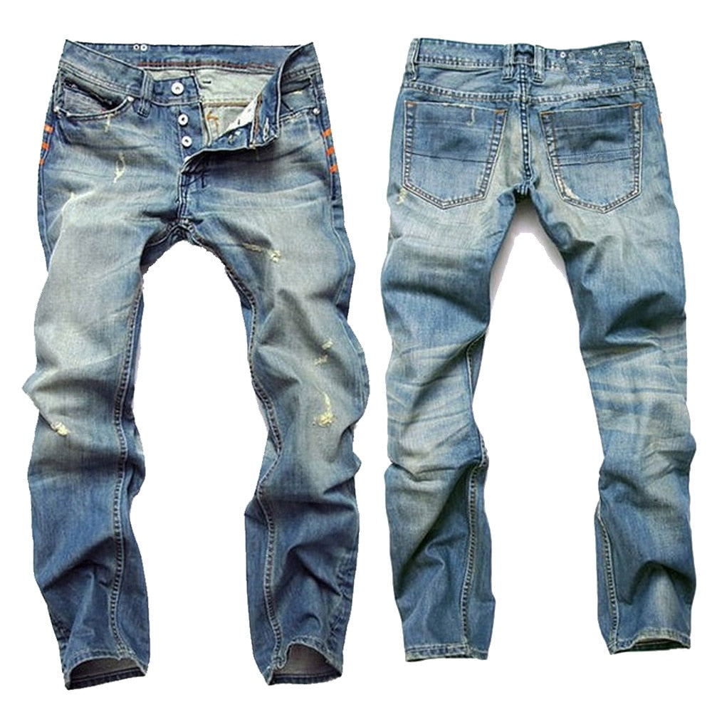 Men's light blue stone washed denim jeans vintage straight slim/fit