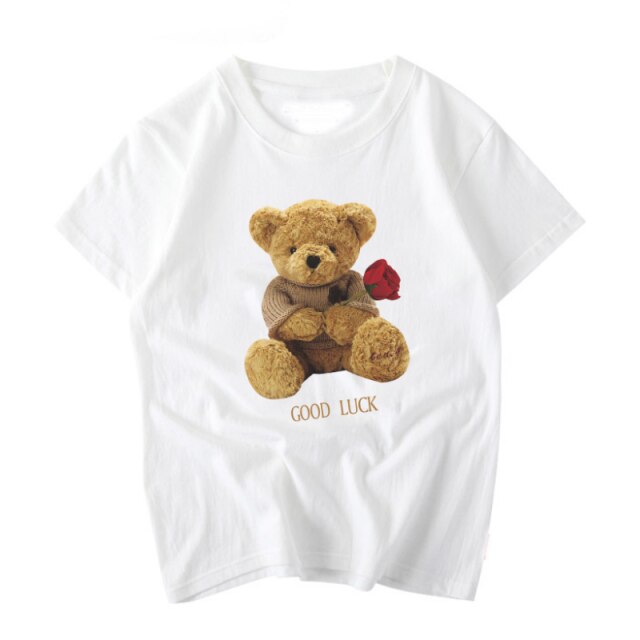Good luck plush bear with rose printed T-Shirt 100% cotton