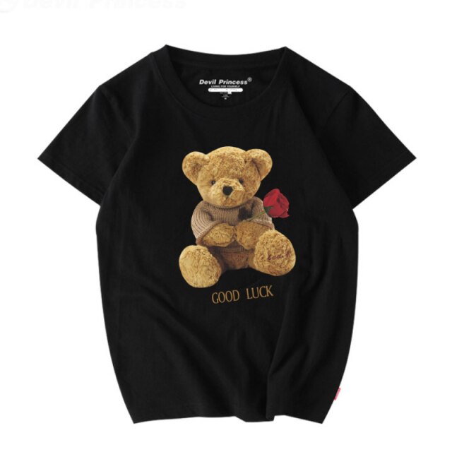 Good luck plush bear with rose printed T-Shirt 100% cotton