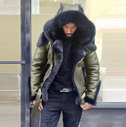 ðŸ”¥ðŸ”¥SALE!!!ðŸ”¥ðŸ”¥MEN'S Hooded Thick Warm Faux leather Jacket w/Fur Collar