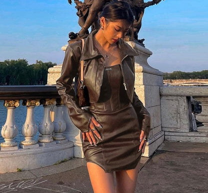 European Style leather for Women.  Long Sleeve w/zipper. Short and sexy w/Tube top dress