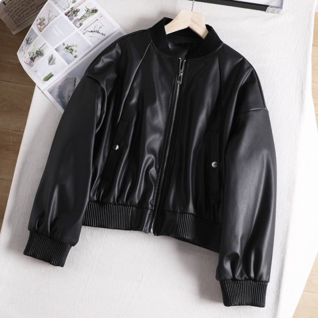 New Women's 2022 Spring Leather Jacket Casual w/Pocket Zipper