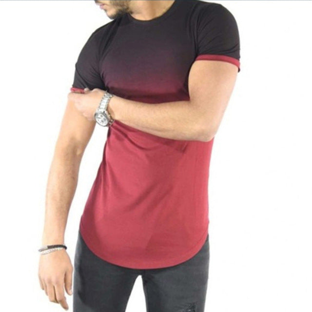 Summer Gradient Color Men's T Shirt Cotton Longline Curved Hem Muscle Tee Hip Hop Top Camisetas Streetwear Plus Size 3XL Male