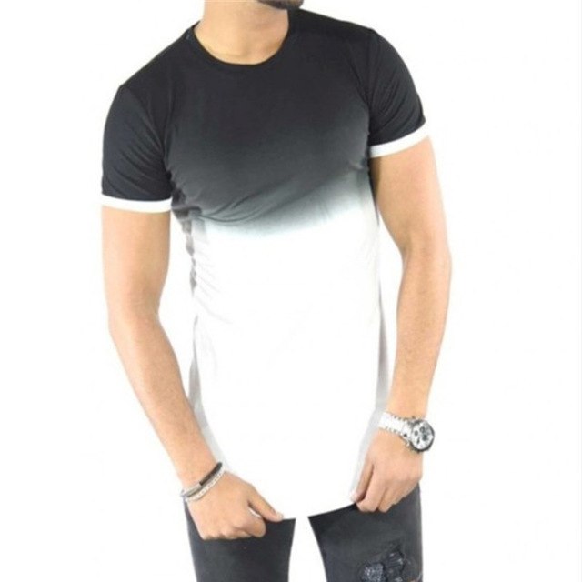 Summer Gradient Color Men's T Shirt Cotton Longline Curved Hem Muscle Tee Hip Hop Top Camisetas Streetwear Plus Size 3XL Male