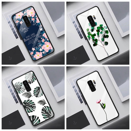 Floral Print Phone Case For Samsung Galaxy S9 S8 Plus Note9 Note8 Glass Hard Smooth Full Protect Back Cover Cases