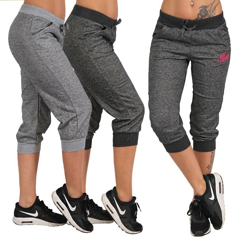 Women's Summer Sports Trousers/Pants Mid Waist Capri's.Calf-Length w/Pockets S-XXXL
